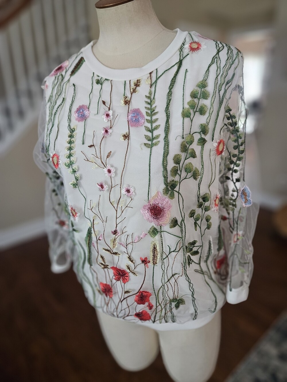 Laggia de Tessitore White Floral Embroidered Mesh Sweater  by